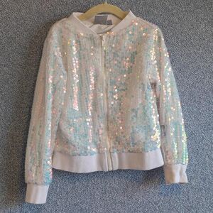 Disney Frozen 2 Girls Size XS 4/5T White Iridescent Sequined Elsa Bomber Jacket